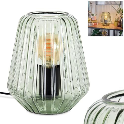 HOFSTEIN Tischleuchte Telhais, Tischlampe aus Metall/Glas in Schwarz/Grün, Leuchte im modernen Vintage/Retro-Design mit Schirm aus Glas Ø 17cm u. An/-Auschalter am Kabel, E27, Wohnzimmer, Schlafzimmer