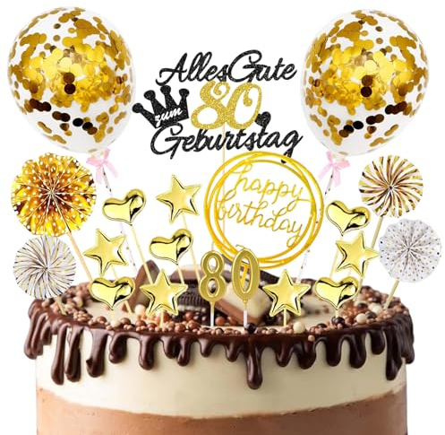 BURGEON Tortendeko 80 Geburtstag Junge Mädchen, 20 Stück Happy 80th Birthday Kuchendeko Geburtstag, Cake Topper 80 Geburtstag Deko mit Geburtstagskerzen für 80 Geburstagstorte Party Dekoration