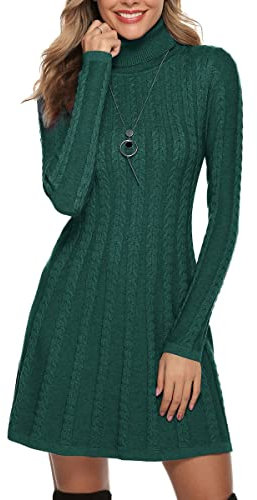 Gyabnw Vestito Casual Donna Invernale in Maglione Abito Vita Alta Elegante Collo Alto di Orlo Svasato Abito Linea A in Maglia al Ginocchio Caldo di Moda Treccia Ritorta, Verde Scuro, XS