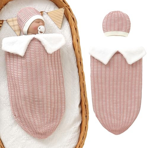 Winmany Nouveau-né Bébé Lange Couverture Nourrisson Garçons Filles Polaire Chaud Sommeil Wrap Poussette Sac en Peluche Tricot Sac De Couchage avec Bonnet pour 0-6 Mois (Rose)