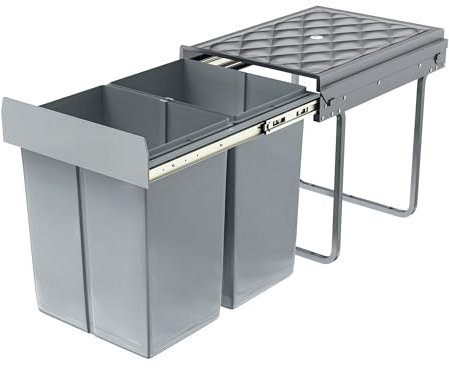 XMTECH Einbaumülleimer Küche Auszug, Einbaumülleimer Unterschrank Müll-Trennsystem, 2 Fächer Ausziehbar 2 x 20L, Vollauszug mit Teleskopschienen, 48 x 34 x 42 cm (L x B x H), Grau