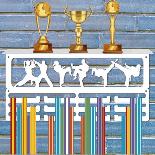 CREATCABIN Porta Medaglie Sport Taekwondo Porta Medaglie in Ferro Parete Decorazione Parete 3 Linee Ganci Separati Organizzatore Premi Vincitori Gare 60+ Medaglie Nastri Espositore Appeso 40x20cm