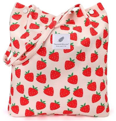 DragonX2 Groß Umhängetasche Damen Cord Schultertasche Tasche Erdbeere Erdbeer Tasche Shopper Corduroy Tote Bag Für Bücher Reisen Alltag Schule Arbeit Einkaufstasche Für Mädchen