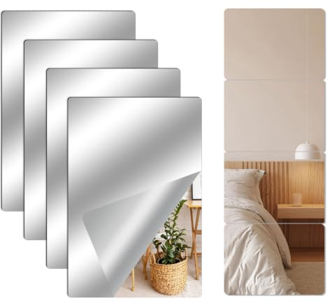 Leikedun 4 Pack HD Self Adhesive Mirror, 30x20cm Mirror Tiles 2MM Thick | Large Full Body Length Acrylic Stick on Mirrors for Walls Home Decoration Gym Hallway