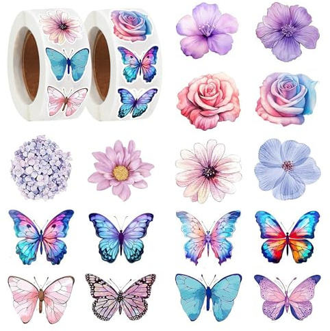 RAORAOYUE 1000PCS Flower Butterfly Stickers Roll, 16 Styles | Colorful Spring Floral Decals, 3D Cute Roll Stickers for Parties, Walls, Scrapbooks, Envelopes, Birthday and Greeting Cards