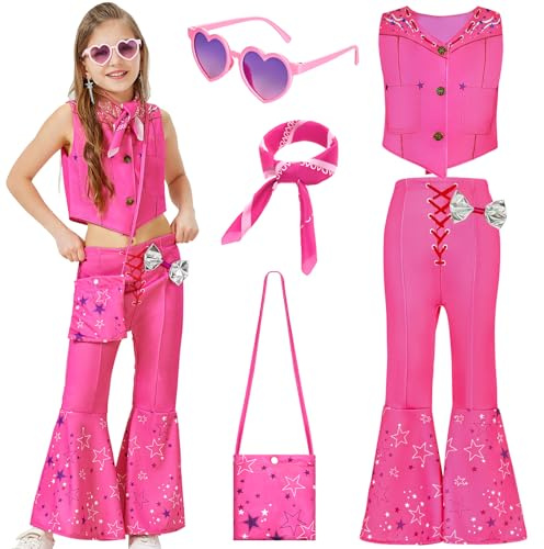Joellfuner Costume de Cowgirl pour Fille, Déguisement Cowgirl Enfant, Tenue de Cowgirl Rose Avec écharpe, lunettes, sac, Cosplay de Film Costume Hippie Disco de carnaval (110)