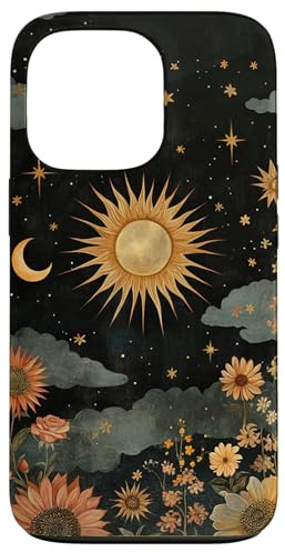 Vintage Boho Celestial Floral Sun Moon Stars Painting Art Case for iPhone 13 Pro
