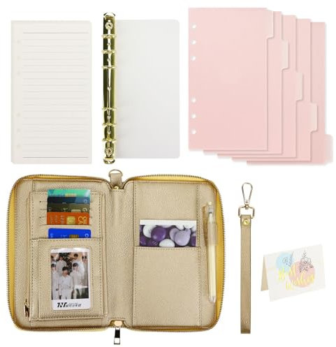 Buqoo A6-Budgetplaner mit Umschlägen, PU-Leder mit Reißverschluss, 6 Ringe, Geldbörse, 1 Planer, 45 linierte Blätter, A6-Registerkarten aus transparentem, mattem Material, Schulterriemen, Karte