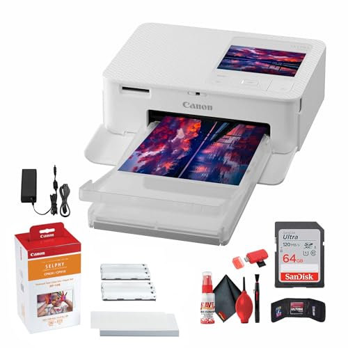 Canon SELPHY CP1500 Imprimante photo compacte Blanc (5540C002) RP-108 Ensemble d'encre et papier couleur + Carte mémoire Ultra 64 Go + Kit de nettoyage + Portefeuille de cartes mémoire + Lecteur de