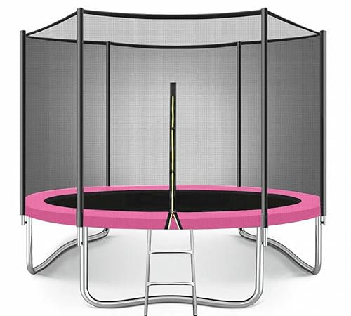 Trampoline for Kids - 6ft/8ft/10ft/12ft/14ft/16ft, Safety Enclosure Net, Ladder, Weatherproof Cover & Shoe Bag Included - Durable Outdoor Bouncing Fun (Pink, 8ft)