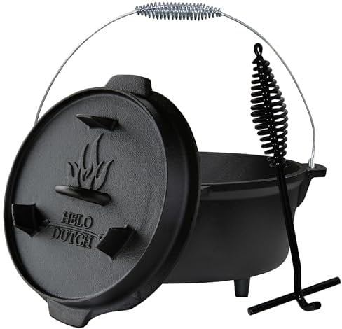 Dutch Oven Set Gusseisen 1,8L-13,6L – Feuertopf mit Deckelheber, Schmortopf mit & ohne Füße, Schlitz für Themormeter, inkl. Kochbuch – Perfekt für BBQ Indoor & Outdoor (mit Füße, 9,5L - F5)