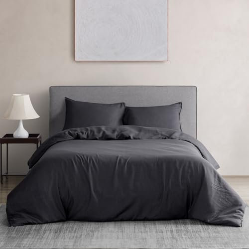 DAPU Leinen Bettwäsche, 100% Reiner französischer Flachs Atmungsaktives Bettwäsche Set 135×200cm+1 80×80cm mit Öko-Tex 100 Standard, Weiches Stone-Washed Bettbezug mit Reißenverschluss, Dunkelgrau