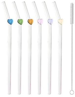 FSSTUD Lot de 6 pailles en verre transparentes réutilisables en forme de cœur avec 1 brosse de nettoyage