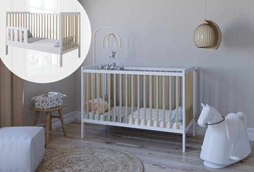 ZEE - Babybett Kinderbett, 2w1 Bett Lumi - Dreistufige Einstellung für Nicht Sitzendes, Sitzendes und Stehendes Kind - DREI Abnehmbare Sprossen - mit Geländer - 60x120x86cm, Weiß