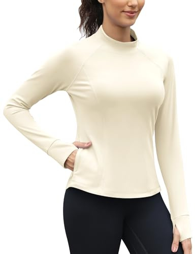 IECCP Sportshirt Damen Sport Oberteil Laufshirt Mock Rollkragen Unterhemd Langarm Shirts Fleece Thermounterwäsche mit Daumenloch L