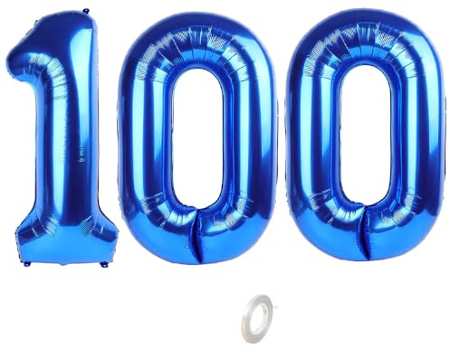 Balorise 40 Pouces Aluminium Ballon Géant Bleu Chiffre 100, Gonflable Hélium, Grand Numéro 0-9, 10-100 (101cm), Décoration de Foil Ballons pour Fête d'anniversaire et Mariage