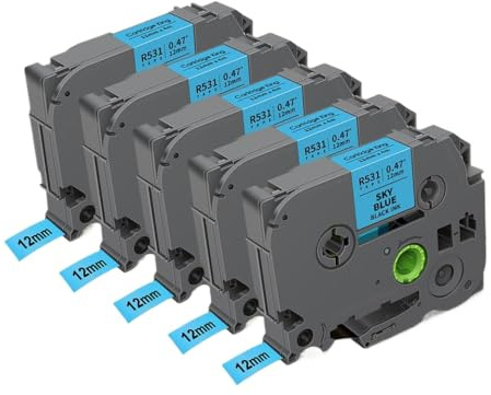 LXfOtG 5 Stück TZE Satin Ribbon-Etikettenbänder Weiß Tze-R234 kompatibel mit Würfel-Etiketten-Drucker-Ersatzbändern kompatibel(Black on Sky Blue)
