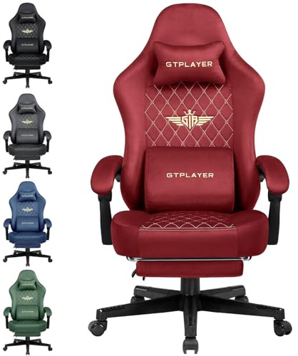 GTPLAYER Chaise de Gaming Ergonomique en Tissu - Charge maximale : 150 kg - Réglable et rotative - avec Coussin d'assise à Ressort et Repose-Pieds - Rouge