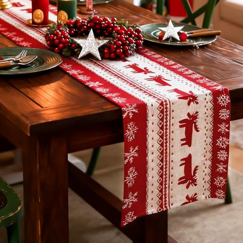 Weihnachtsdeko Innen Tischläufer, Tischläufer Weihnachten, 180 × 35 cm Tischläu-fer Weihnachten Rot, Weihnachten Deko Weihnachtstischläufer für Xmas Wei-hnachten Dinner Party Drinnen Tischdekoration