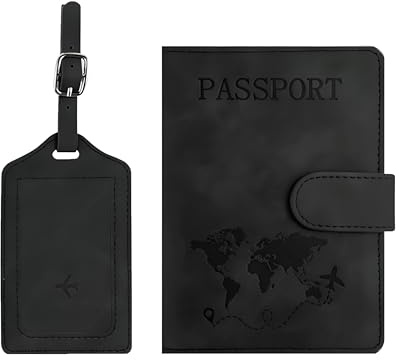 Porta Passaporto da Viaggio,Cover Passaporto con Etichette per Bagagli Pu Custodia Uomo e Donna Essenziali da Viaggio per Portapassaporto Carte Di Credito D'Identità e Documenti Di Viaggio(Nero)