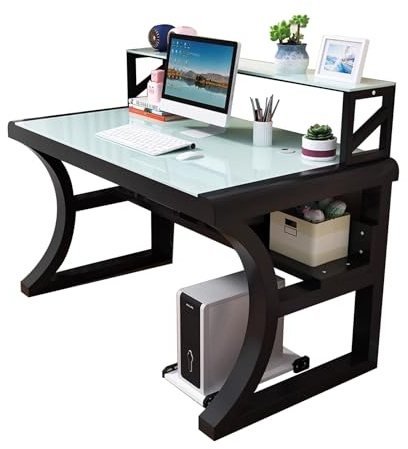 SDFSDE Großer Computertisch aus gehärtetem Glas mit Ablagefächern, moderner Gaming-Tisch mit Metallrahmen for den Heimarbeitsplatz(Black+White,55.1in)