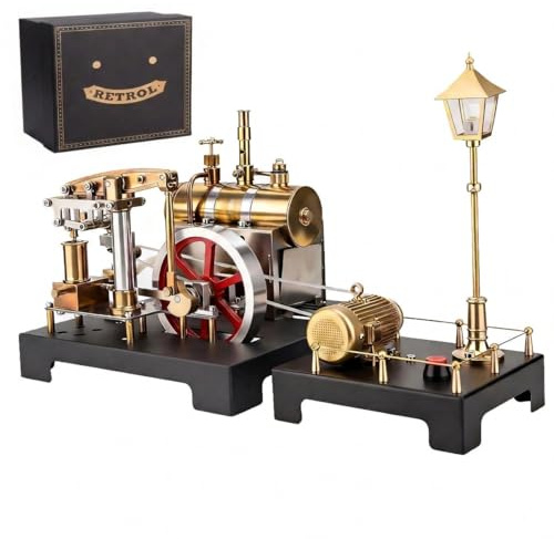 SE-01 Full Metal Beam Steam Engine Model Kit with Horizontal Boiler & Steam Generator and Lamp Scene Model, Vertical Boiler Steam Engine That Runs Educational Science Kits for Adults