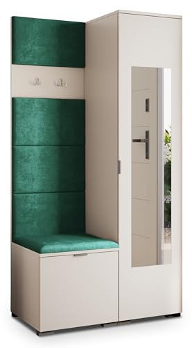 Masseno Flugarderoben Set VIRA, Kleiderschrank-Set mit Spiegel und Sitzbank, Garderobenschrank Flur mit 3 Regalböden, Kaschmir