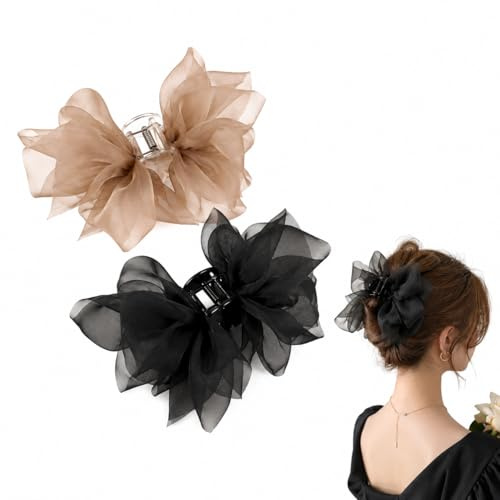 BIVYAX 2 Grandi Mollette a Fiocco in Tulle con Nastri L lunghi, Fermaglio Capelli Elegante Donna Nero e Marrone, Accessorio Acconciatura per Matrimonio Sera e Occasioni Speciali