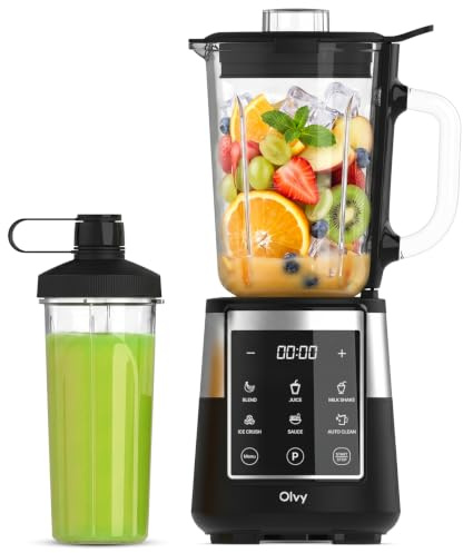 Olvy Blender Chauffant Mixeur Bol Verre Glace Pilee | 1 Appareil | Noir 1000W 1500ml 6 Lames Inox | Smoothie Familial & Sport | Gourde Nomade Sans BPA
