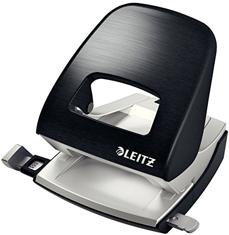Leitz Pratica Perforatrice da Ufficio, Capacità fino a 30 Fogli, Nero (Satinato), Metallo, Guida di Arresto con Barra di Selezione del Formato, Gamma Style, Box, 50060094