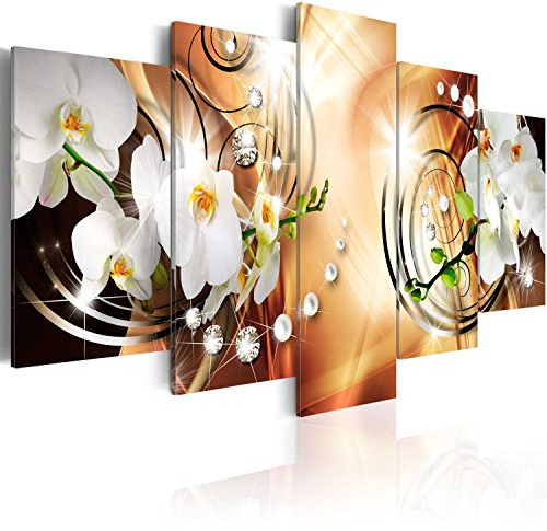 B&D XXL - Wandbilder XXL Abstrakt 100x50cm 5 tlg - Wand Deko Leinwand Bilder Groß Wanddeko Wohnzimmer Schlafzimmer Kunstdrucke - Blumen Orchidee Perlen Diamant b-A-0257-b-o