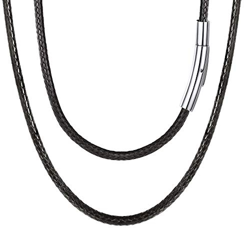 FOCALOOK 75CM Halskette Mode Kunstleder Collier Wachsschnur Kette 3mm breit Schwarz Geflochten Lederkette Gothic Lederband mit Edelstahl Verschluss für Männer Frauen Jungen Mädchen