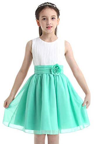 Agoky Mädchen Chiffon Kleider Festlich Partykleid Brautjungfernkleid für Hochzeit Festzug Kleidung mit Blumen Plissee Rock gr. 104-164 Weiß&Türkis 104