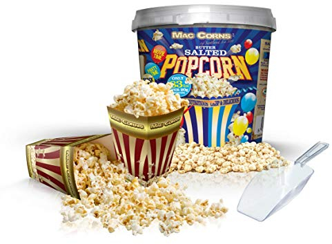 MacCorns Salted Butter Popcorn Mega Bucket Bundle with 12 Cartons & 1 Popcorn Serving Scoop - Salted Popcorn Seasoning for Kids & Adults - Traditional Popped Pop corn for Movies & Party Garnish