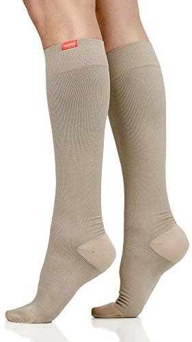 VIM & VIGR Moisture Wick Nylon 15-20 mmHg Compression Socks for Women & Men (Cashew, S/M Wide Calf)