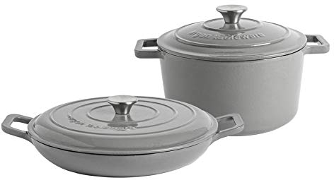 Argon Tableware Casserole Dish Cast Iron Shallow Enameled Dutch Oven Pan with Self-Basting Lid for Roasting, Braising, Stews and Curries - 4.5 Litre - Slate Grey - 2 Sizes