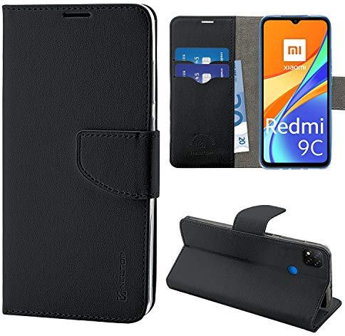 N NEWTOP Cover Compatibile per Xiaomi Redmi 9C, HQ Lateral Custodia Libro Flip Chiusura Magnetica Portafoglio Simil Pelle Stand (Nero)