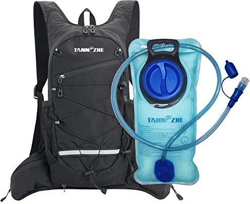 TANNOZHE Trinkrucksack mit 2 l Wasserblase, Leichter Nylon-Trinkrucksack, Outdoor-Sport, Wasserrucksack für Radfahren, Laufen, Radfahren, Wandern, Klettern-Schwarz