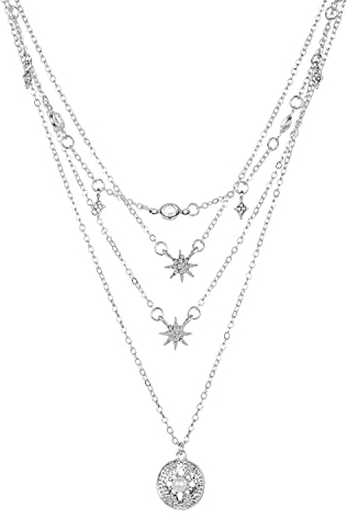 Vintage Böhmische Damen Mehrreihige Kette Silber mit Stern Anhänger für Frauen Mädchen,4 Reihig Personalisierter Strass Mode Schmuck Boho Halskette Choker Geburtstag Geschenk für Freundin Mutter Frau