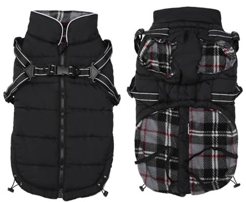 Warm Pet Dog Coats and Jackets,Waterproof Reflective Pet Dog Harness Vest Winter Puppy Clothes with Chest Strap, Outdoor Walking Adjustable Chest Strap-Black-M