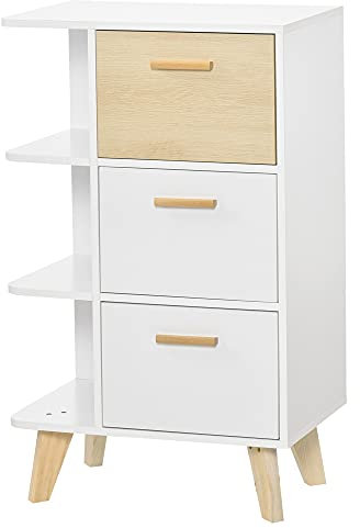 HOMCOM Sideboard Kommode Schrank mit 3 offenen Ablagen Schubladen Aufbewahrungsschrank Mehrzweckschrank für Wohnzimmer Schlafzimmer Weiß+Natur 60 x 40 x 100 cm