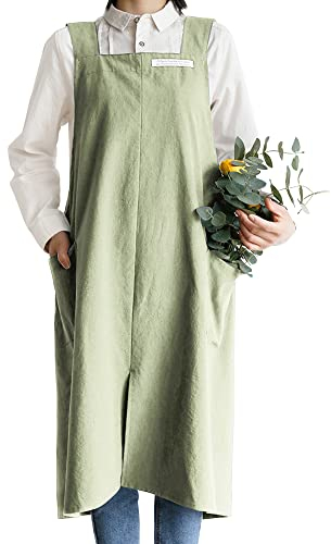 Small snail Baumwolle Leinen Schürzen Einfarbig Japanischer Stil Kreuz Zurück Schürze mit Tasche Retro Literatur Kunst Blumenladen Kleidung für Damen Herren Küche Kochschürzen Übergröße Grün