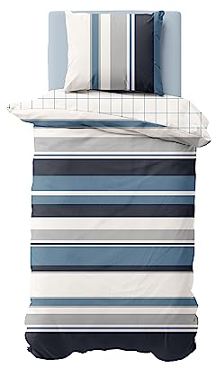 NAUTICA Home Westport Bettwäsche Set Satin 100% Baumwolle Wendebettwäsche Blau,weiß, Reißverschluss YKK 155X220cm Bettbezug +1x80X80 Kissenbezug