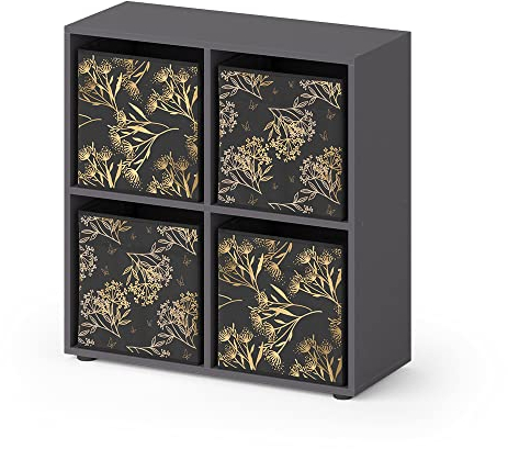 Vicco Raumteiler Tetra, stehendes Bücherregal, Schwarz, 72 x 72.6 cm mit 4 Faltboxen Opt.1