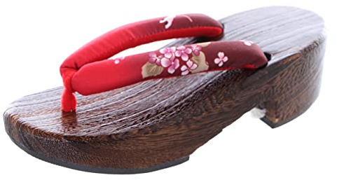 Kawaii-Story K-G-62-6 Rot Blumen Natur Holz Original Japan Geta Sandale Tabi Kimono Geisha Zehentrenner (eu_footwear_size_system, adult, women, numeric, medium, numeric_38)