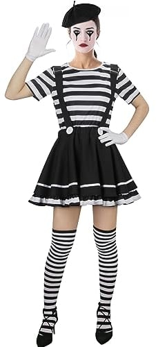 NUWIND Damen Pantomime Kostüm Französisch Klassisch Mime Spiel Set, schwarz-weiß gestreiftes Oberteil Rock Barett Strümpfe Handschuhe Künstler Zirkus Clown Karneval Halloween (XXL)