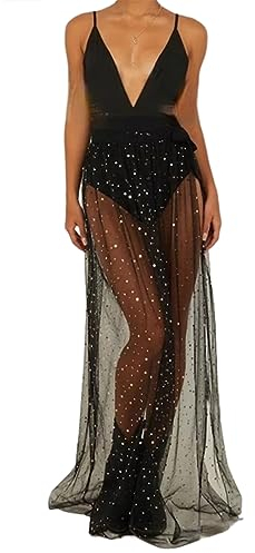 Ushiny Glitzerrock schwarz Lange Röcke Rave-Outfit Pailletten Strand Cover Up Festival Kostüm für Damen und Mädchen