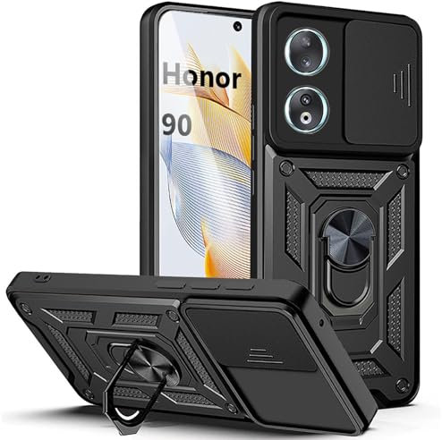 XCYYOO Funda para Honor 90 con Magnético Anillo Soporte, Carcasa Protección Cámara Silicona Antigolpes Deslizante, Armadura Protectora Case - Negro