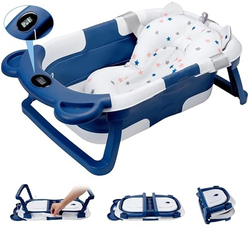 Itslife Baignoire pour bébé, Baignoire pour Bébé Pliable, Baignoire de Voyage Portable avec Tapis de Siège à Coussin de Soutien, Baignoire Pliante Portable Antidérapante Bleu