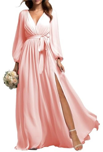 KURFACE Robes de demoiselle d'honneur à manches longues avec fente pour femmes en mousseline de soie col en V robe de soirée formelle WSX506, rose poudré, 42